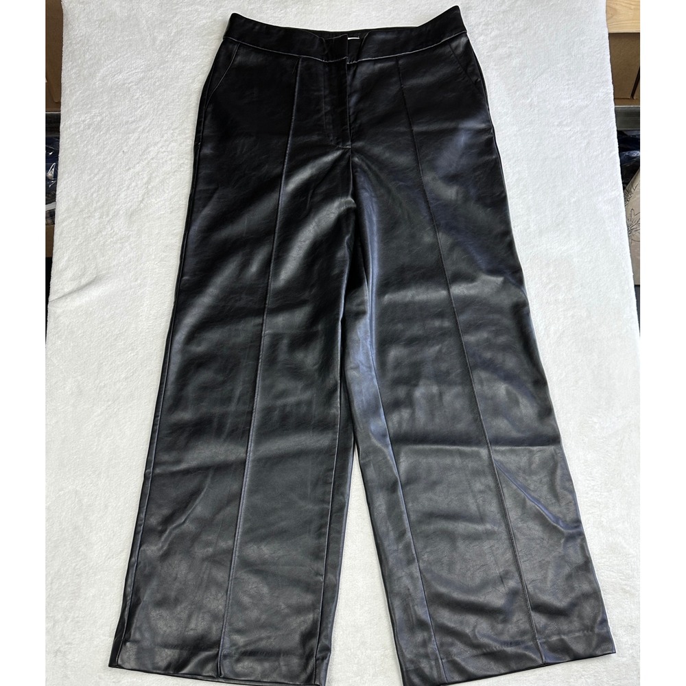 Nine West Womens Black Faux Leather Wide Leg Trousers High Rise Size 10